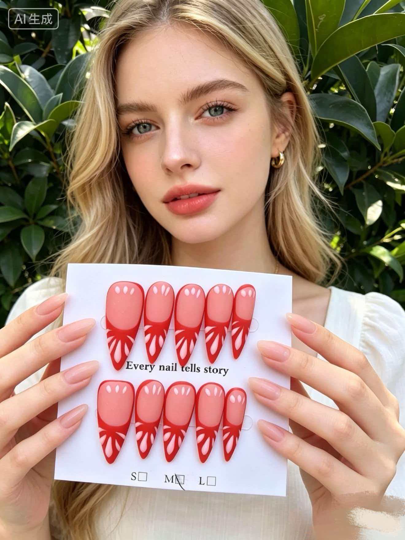 Hand Drawn Red & Nude Petal Design Stiletto Press On Nails | Two Tone French Handcrafted Fake Nails