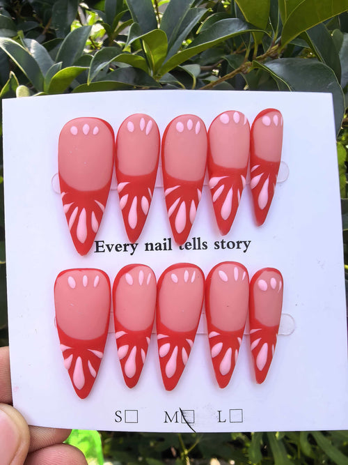 Hand Drawn Red & Nude Petal Design Stiletto Press On Nails | Two Tone French Handcrafted Fake Nails