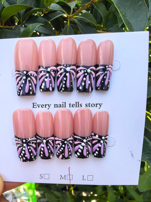 Hand-painted Lavender Fireworks Pattern Press On Nails | Nude & Black Two Tone Coffin French Tip False Nails