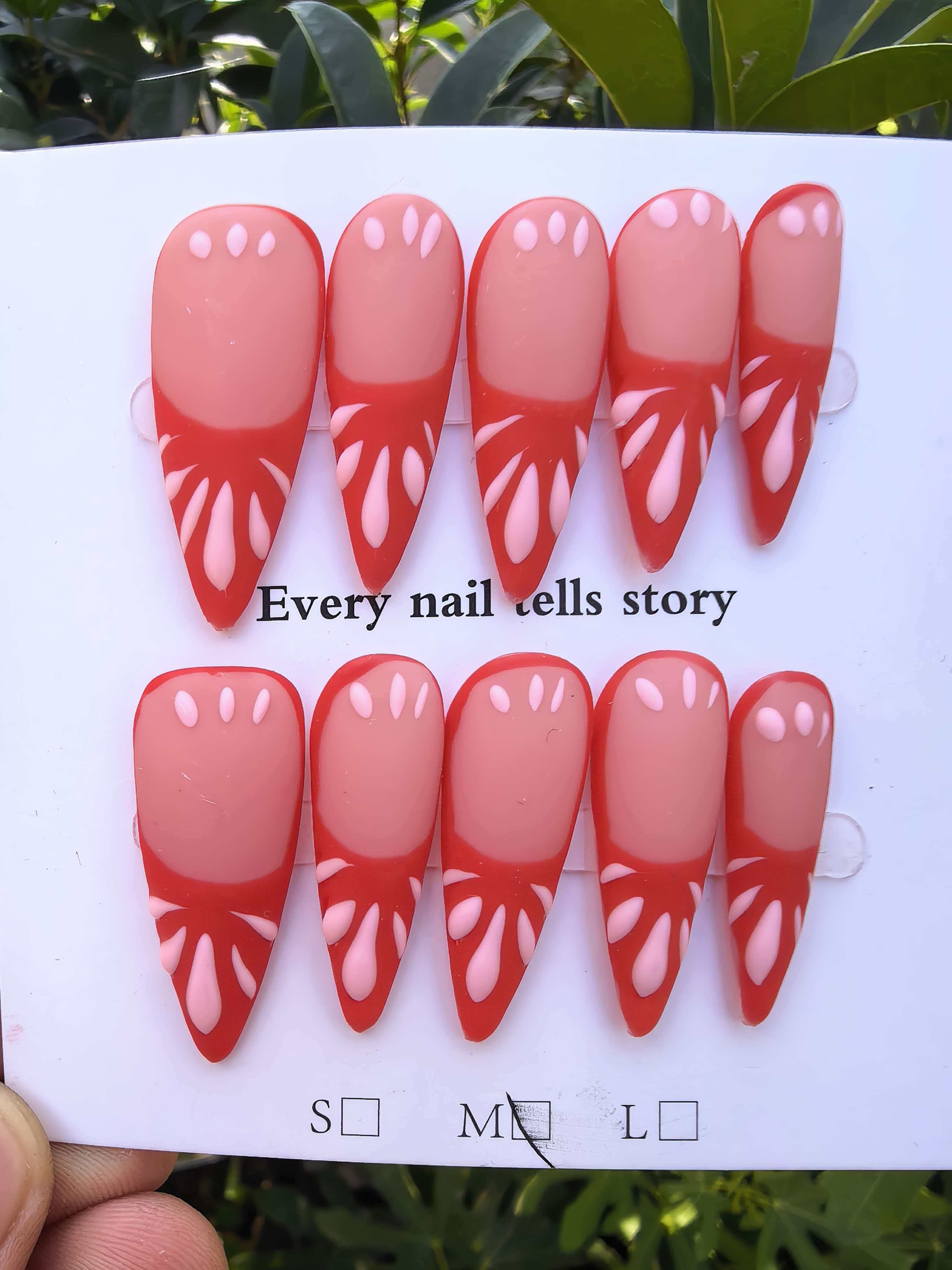 Hand Drawn Red & Nude Petal Design Stiletto Press On Nails | Two Tone French Handcrafted Fake Nails